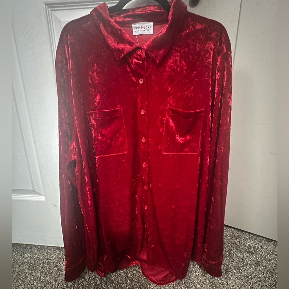 First Love Red Velvet Button-Up Blouse